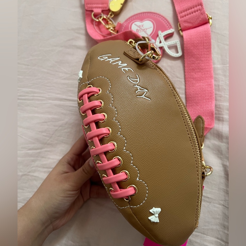 Betsey Johnson Pink and Brown Game Day Coquette Football Crossbody Bag - Picture 4 of 7